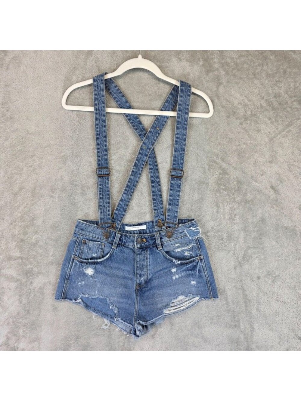 Zara Shortalls Womens 4 Blue Denim Distressed Suspenders Raw Hem Cutoff Festival
